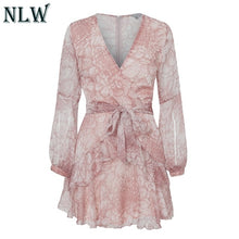 Load image into Gallery viewer, NLW 2019 Long Sleeve Chiffon Women Dress Feminino Party Ruffle Dress Elegant Casual Vintage Autumn Winter Pink Dresses Vestidos