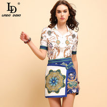 Load image into Gallery viewer, LD LINDA DELLA New 2019 Summer Fashion Suits Women's Short Sleeve Beading Tops Shirt And Vintage Printed Shorts Two Pieces Set