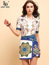 Load image into Gallery viewer, LD LINDA DELLA New 2019 Summer Fashion Suits Women's Short Sleeve Beading Tops Shirt And Vintage Printed Shorts Two Pieces Set