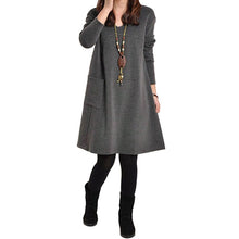 Load image into Gallery viewer, EaseHut Vintage Women Winter Dress V-neck Long Sleeve Loose Casual Fall 5XL Plus Size Dress Retro Ladies Autumn Tube Midi Dress
