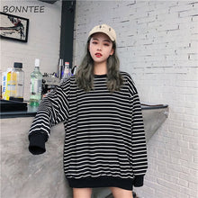 Load image into Gallery viewer, Hoodies Women Elastic Cuff Hem O-Neck Striped Loose Retro Chic Korean Style Harajuku Soft Trendy Sweatshirts Womens All-match
