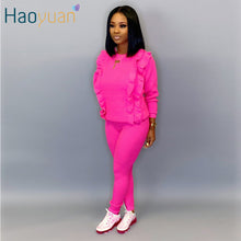Load image into Gallery viewer, HAOYUAN Knitted Two Piece Set Tracksuit Women Long Sleeve Ruffle Top and Pant Fall Winter Clothing 2 Piece Outfits Matching Sets