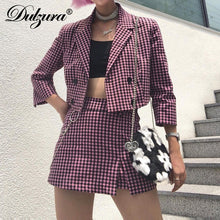 Load image into Gallery viewer, Dulzura 2019 autumn winter women plaid two piece set mini skirt casual blazer chain elegant office festival clothes co ord OL