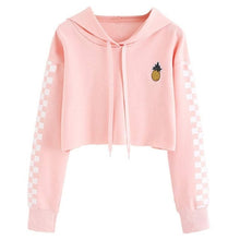 Load image into Gallery viewer, Women Tops Sweatshirt Pineapple Embroidered Gingham Plaid Hoodies Pullover Student