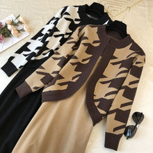 Load image into Gallery viewer, ALPHALMODA 2019 Autumn Winter Women Houndstooth Cardigans + Sling-dress 2ps Fashion Suit Elegant Knitting 2pcs Set