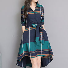 Load image into Gallery viewer, Vestido De Festa 2018 Autumn Elegant Asymmetrical Hem Dress Bodycon Long Sleeve Turn-down Collar Party Plaid Dresses Plus Size
